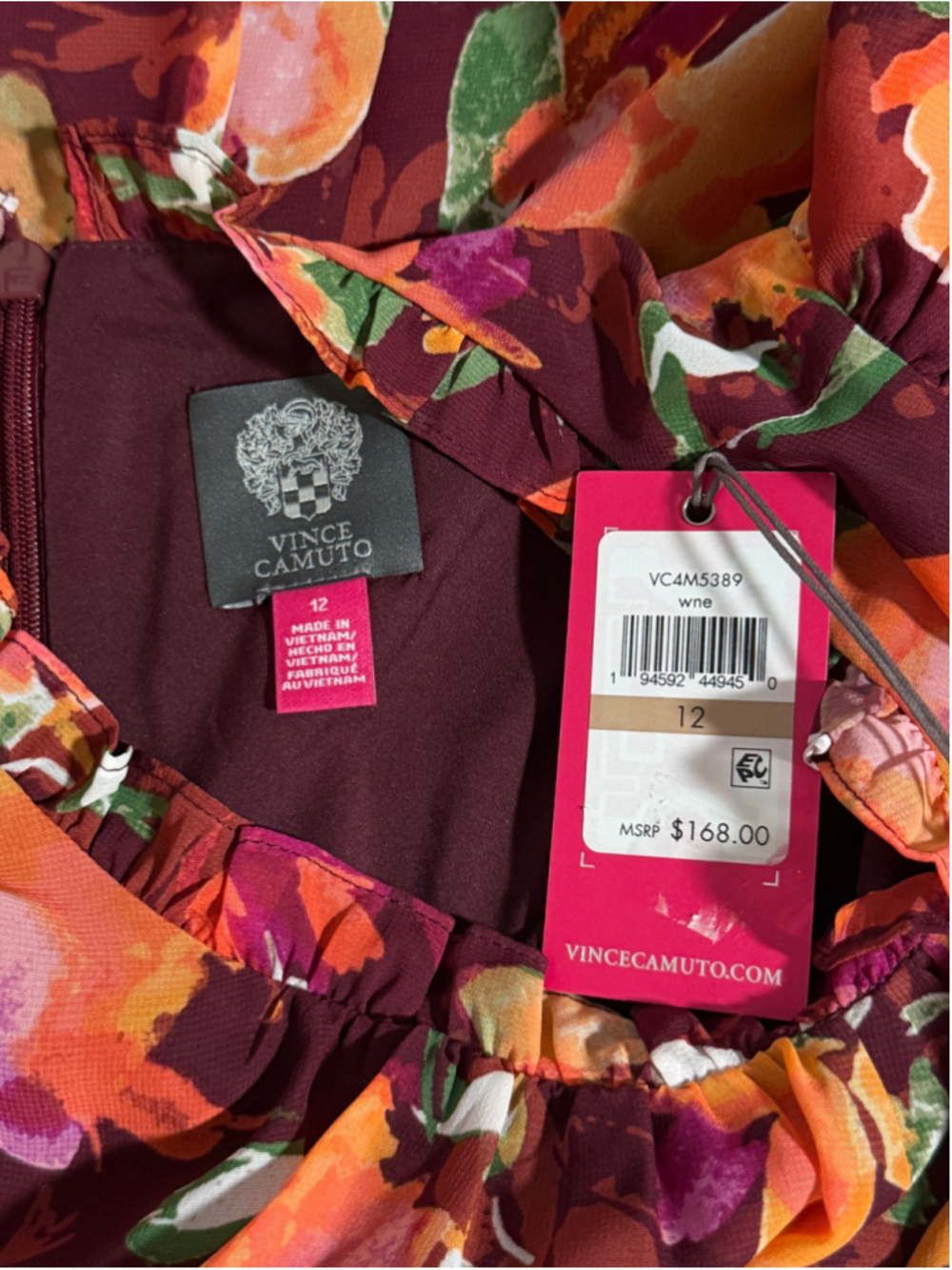 Vince Camuto Size 12 Burgundy Floral Ruffle Chiffon Maxi Dress NWT - Picture 5 of 5